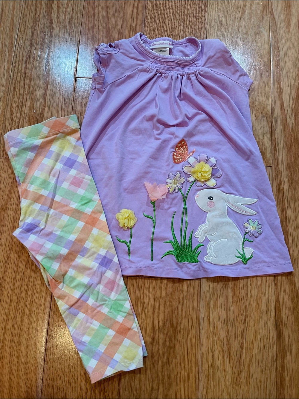 Bonnie Jean Lavender Bunny Pajama Set with Pastel Plaid Pants